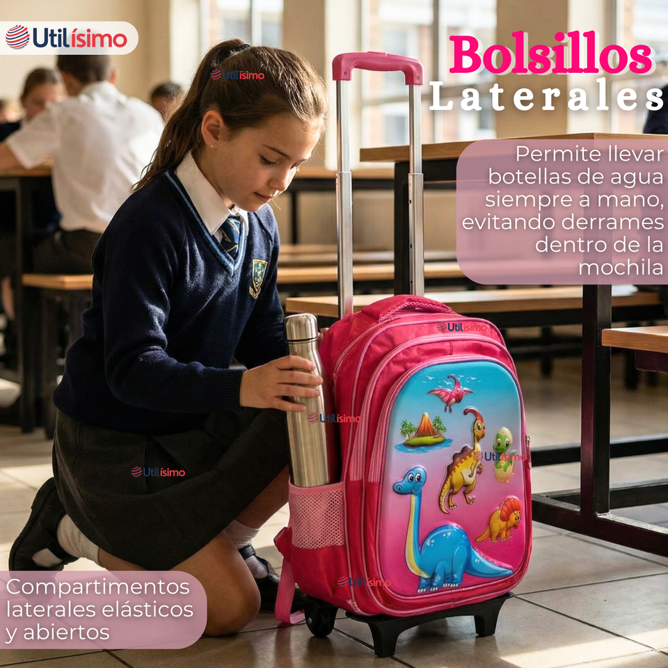 Mochila Escolar Con Ruedas + Estuche + Lonchera 46cm Desmontable Poliéster Rosa Dinosaurio Niña