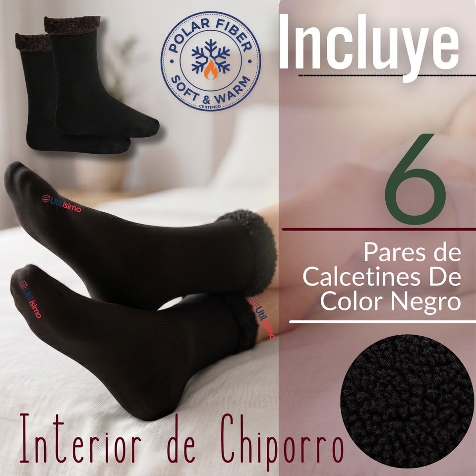 Pack 6 Pares Calcetines Chiporro Mujer Ultra Térmico Negro Invierno Polar