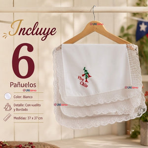 Pack 6 Pañuelos Baile Cueca 37cm Copihue Bordado Viva Chile Encaje Fiestas Patrias