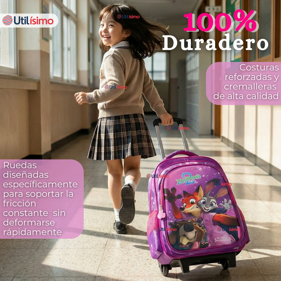Mochila Escolar Con Ruedas + Estuche + Lonchera 46cm Desmontable Poliéster Fucsia Zootopia Niña