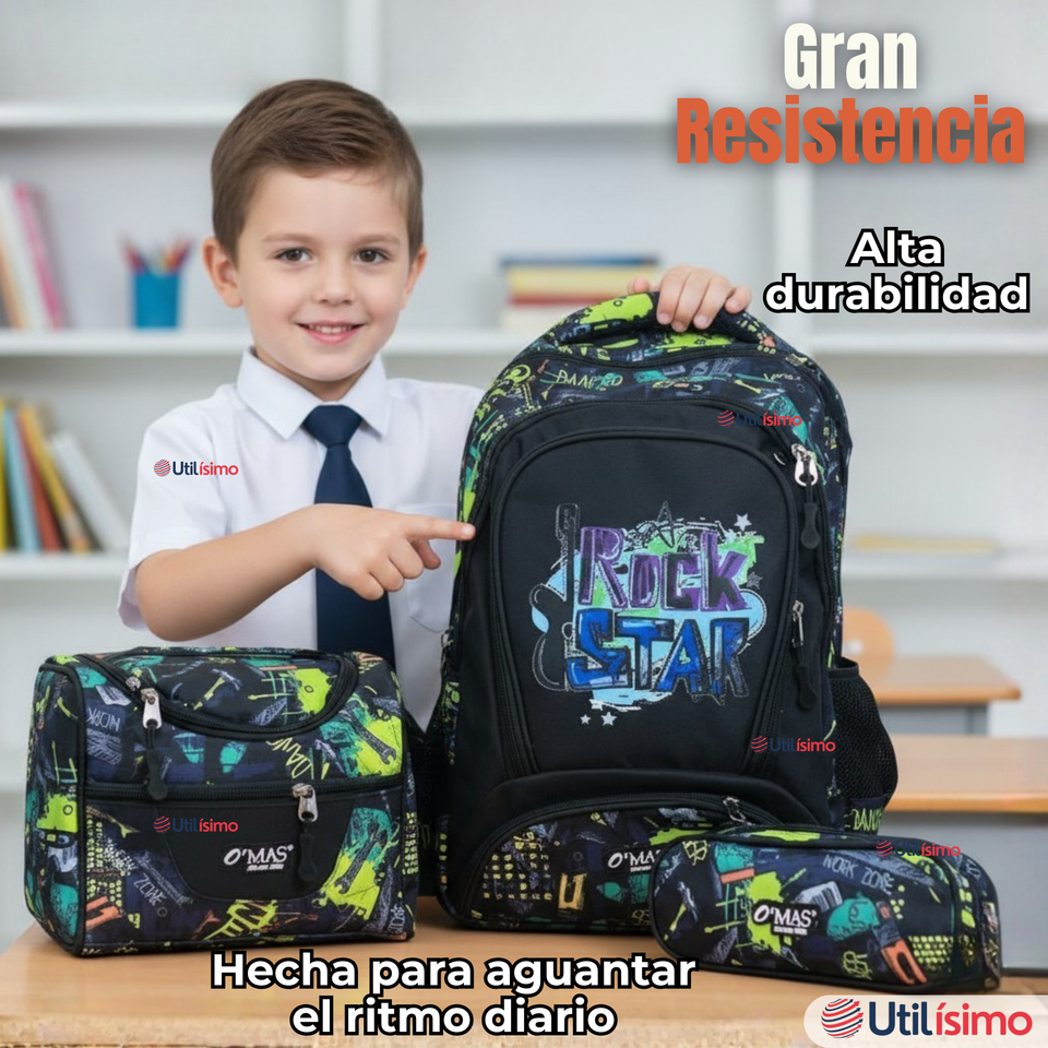Mochila Escolar Kit Con Estuche y Lonchera 43cm Tela Oxford Rock Star Niño