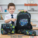 Mochila Escolar Kit Con Estuche y Lonchera 43cm Tela Oxford Rock Star Niño