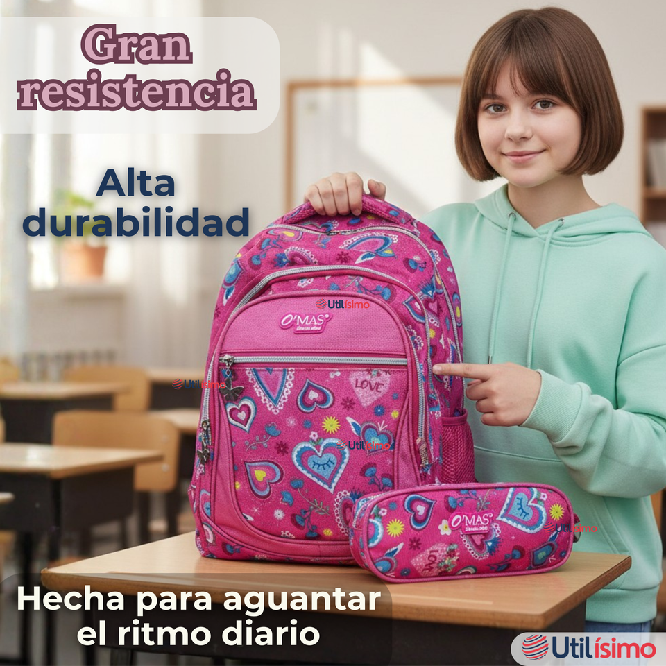 Mochila Escolar Con Estuche 36cm Tela Oxford Impermeable Niña