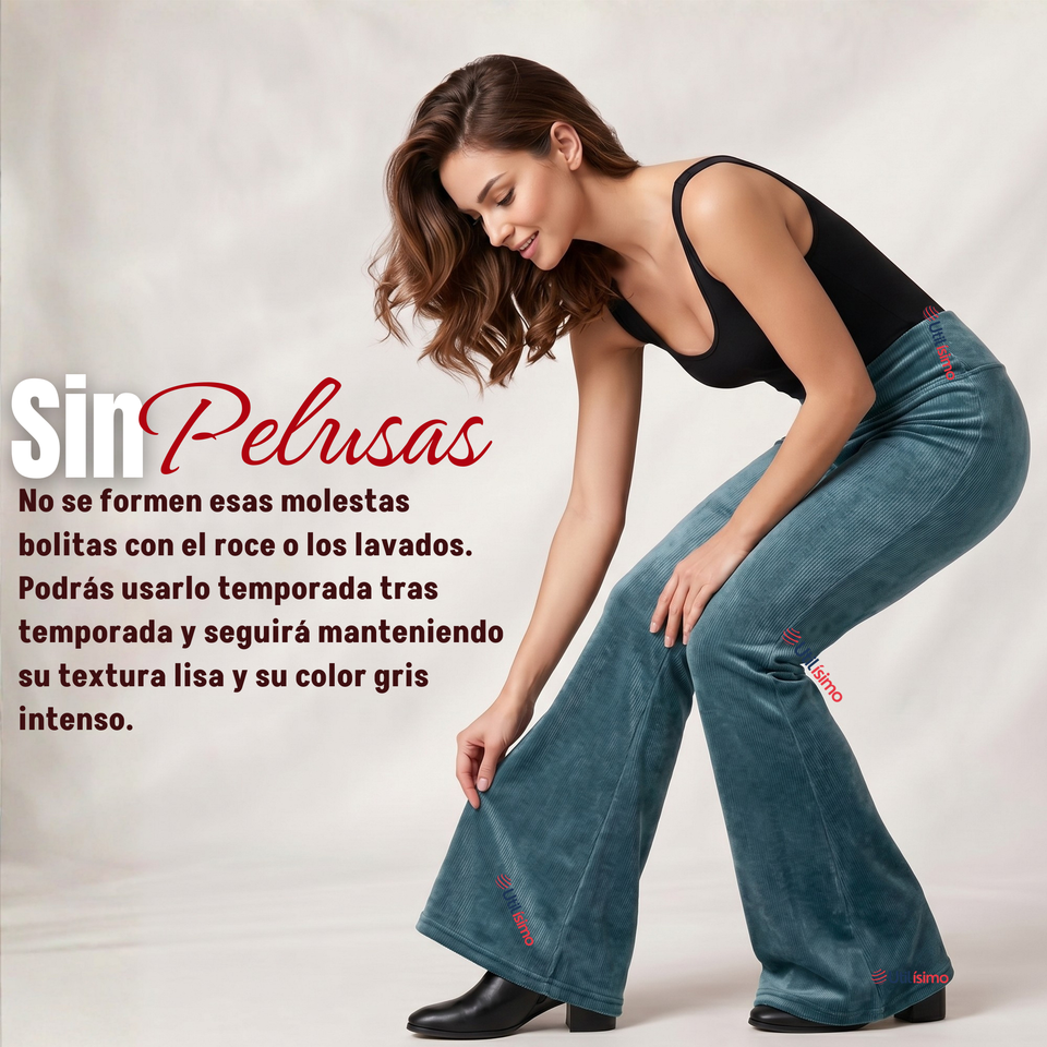 Pantalón Cotelé Palazzo Polar Con Chiporro Elasticado Térmico Verde Agua