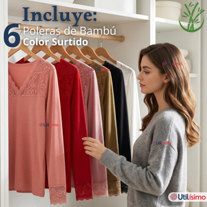 Pack 6 Camisetas Poleras Bambú Cuello V Manga Larga Con Encaje Colores Surtidos Mujer