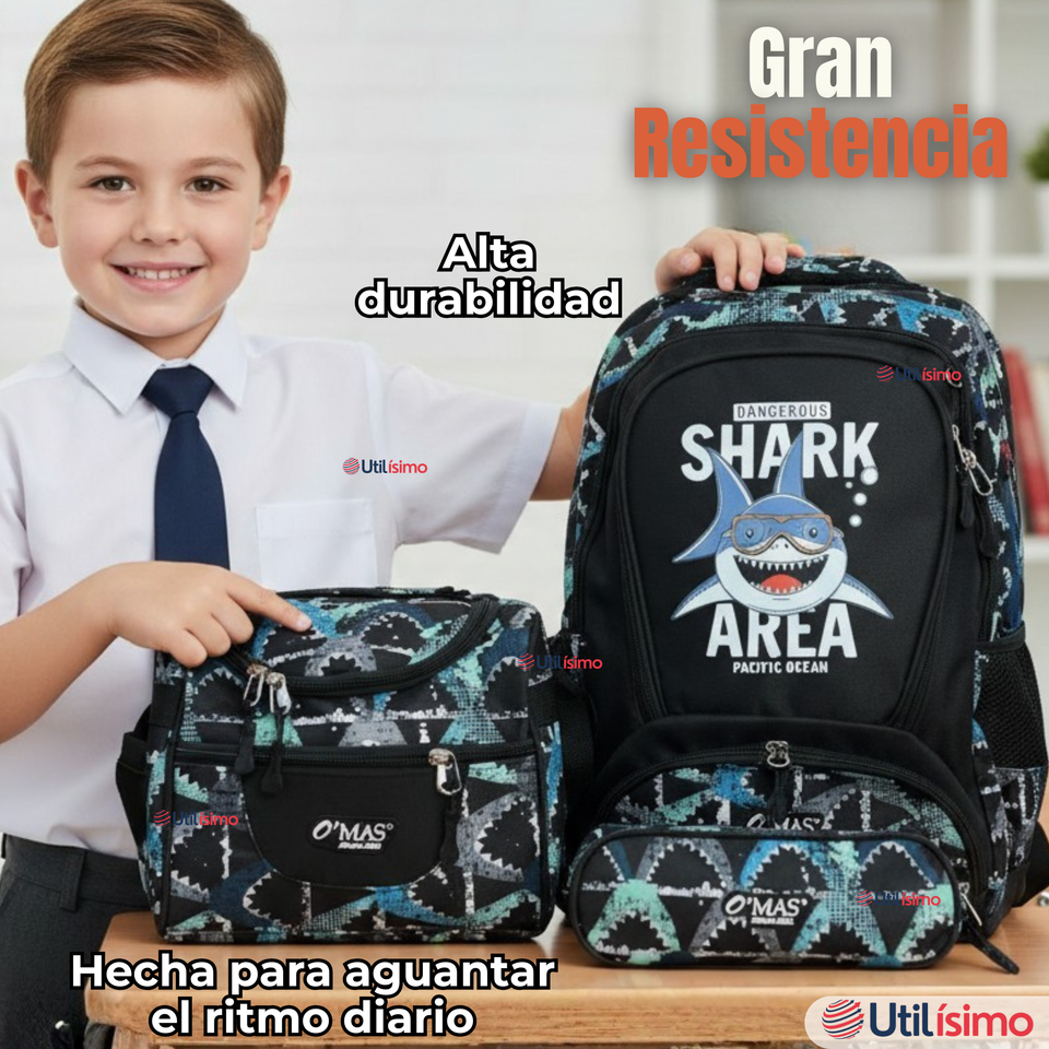 Mochila Escolar Kit Con Estuche y Lonchera 43cm Tela Oxford Baby Shark Niño