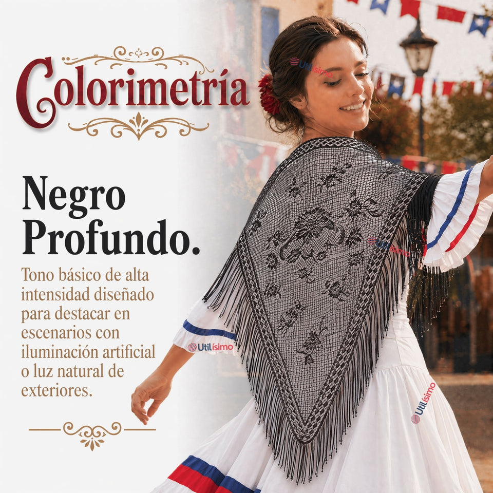 Pack 3 Puntillas Chal Negro Baile Chilote Mujer Traje Típico 150x79 cm