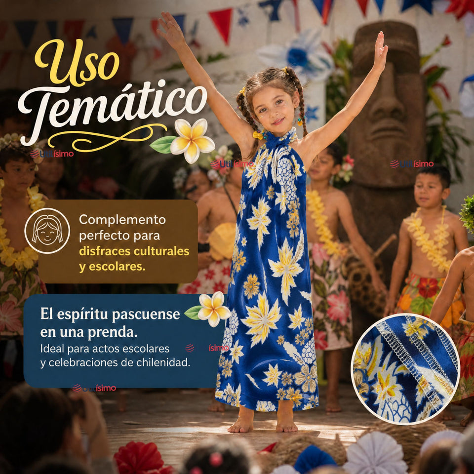 Pareo Pascuense Niña Hawaiano Azul Danza Fiestas Patrias