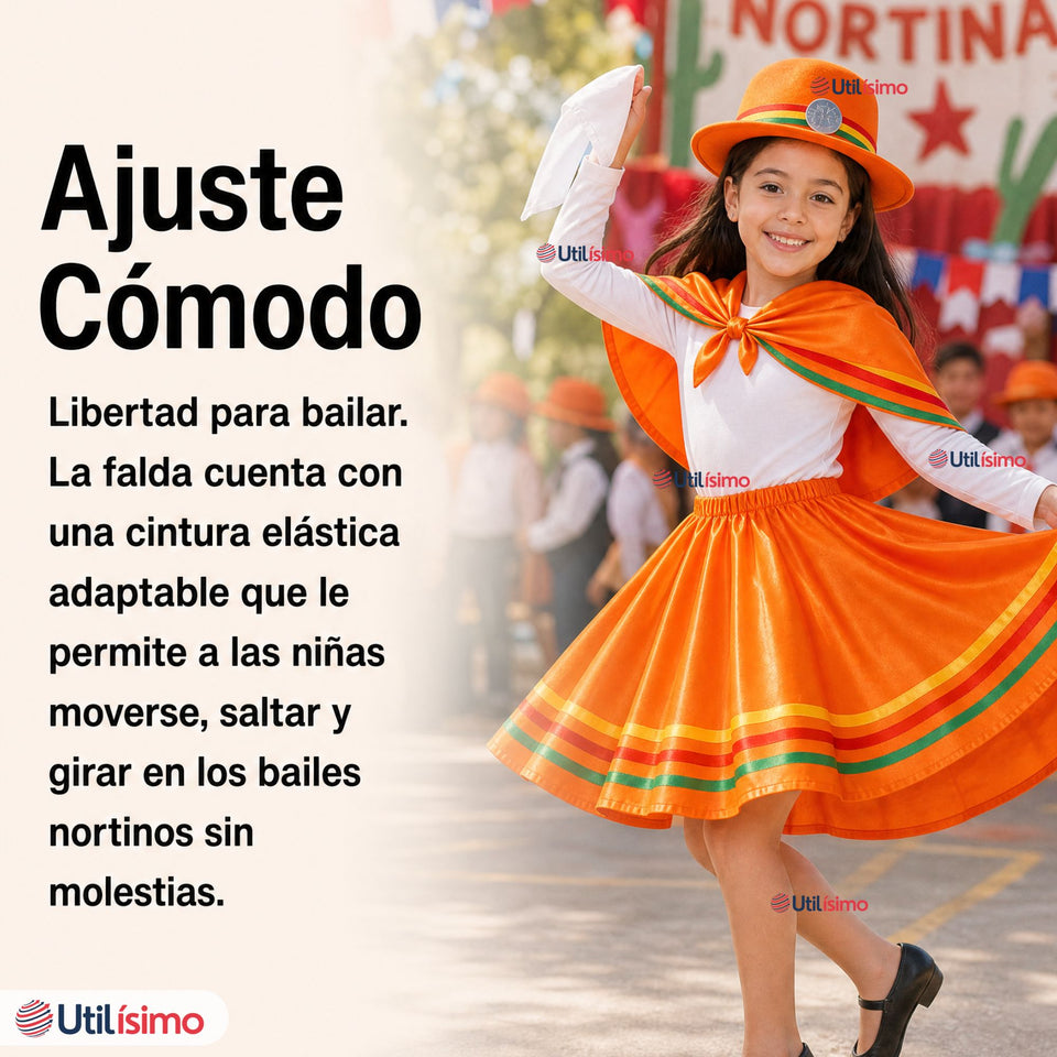 Pack 3 Trajes Nortinos Niña 3 piezas Naranja Baile Típico Fiestas Patrias