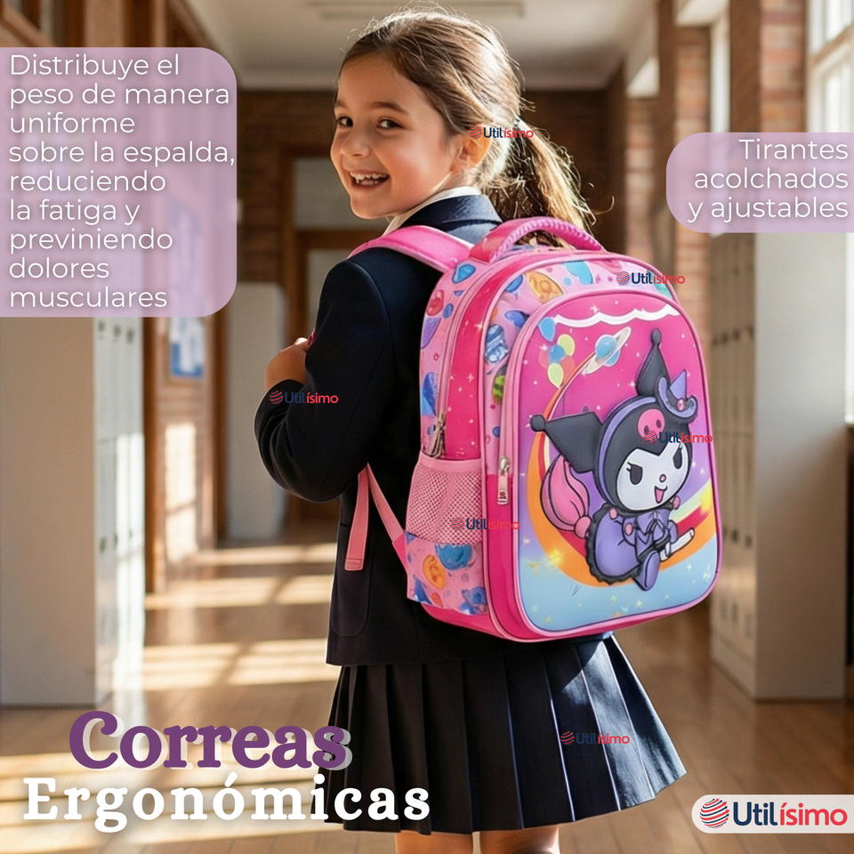 Mochila Escolar Kuromi 3D Con Ruedas Desmontable + Estuche + Lonchera Poliéster Rosa Niña