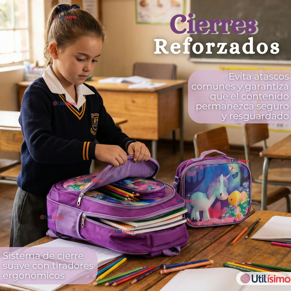 Mochila Escolar Con Ruedas + Estuche + Lonchera 46cm Desmontable Poliéster Morado Unicornio Niña