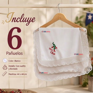 Pack 6 Pañuelos Cueca Bordado Viva Chile Con Encaje 44x44cm