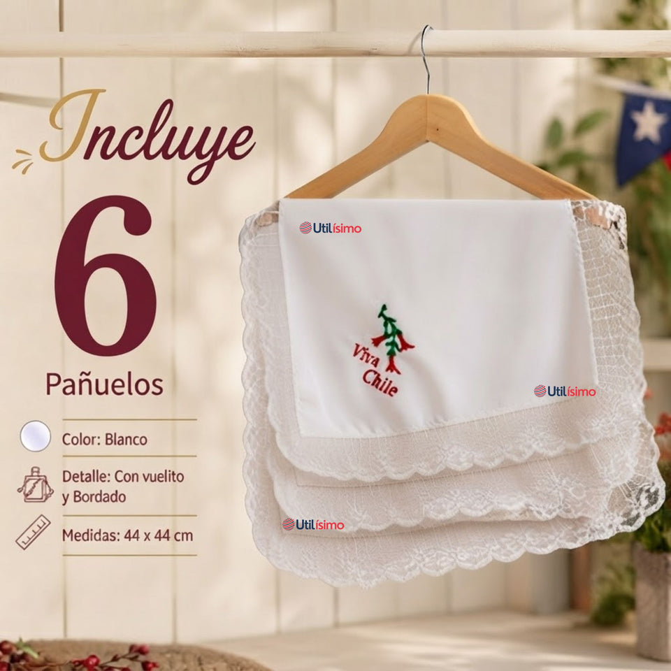 Pack 6 Pañuelos Cueca Bordado Viva Chile Con Encaje 44x44cm