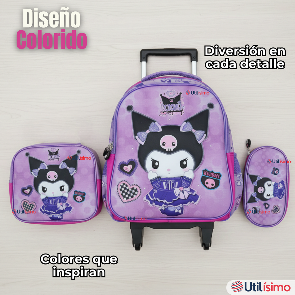 Mochila Kuromi Escolar Con Ruedas + Estuche + Lonchera Desmontable Poliéster Lila Niña