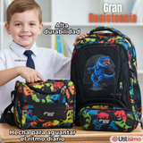Mochila Escolar Kit Con Estuche y Lonchera 43cm Tela Oxford Dino Niño