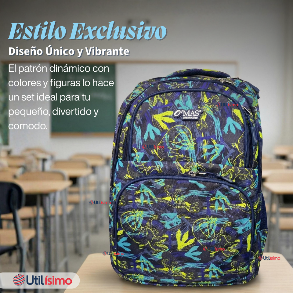 Mochila Bolso Escolar + Lonchera + Estuche 45Cm Niño Tela Oxford Blue Dinosaur