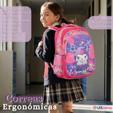 Mochila Escolar Kuromi 3D Con Ruedas Desmontable + Estuche + Lonchera Poliéster Rosa Niña