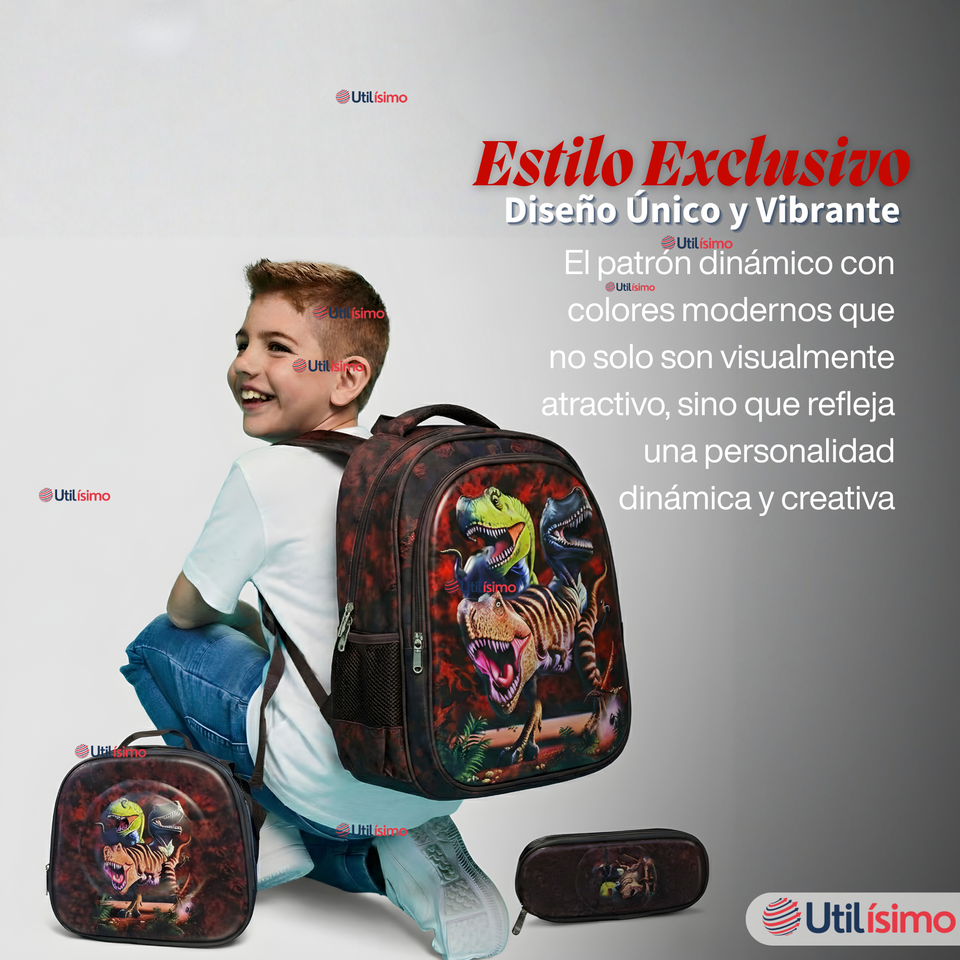 Mochila Escolar Bolso Con Efecto 3D Estuche + Lonchera 40Cm Tela Oxford Niño Dark Dinosaur