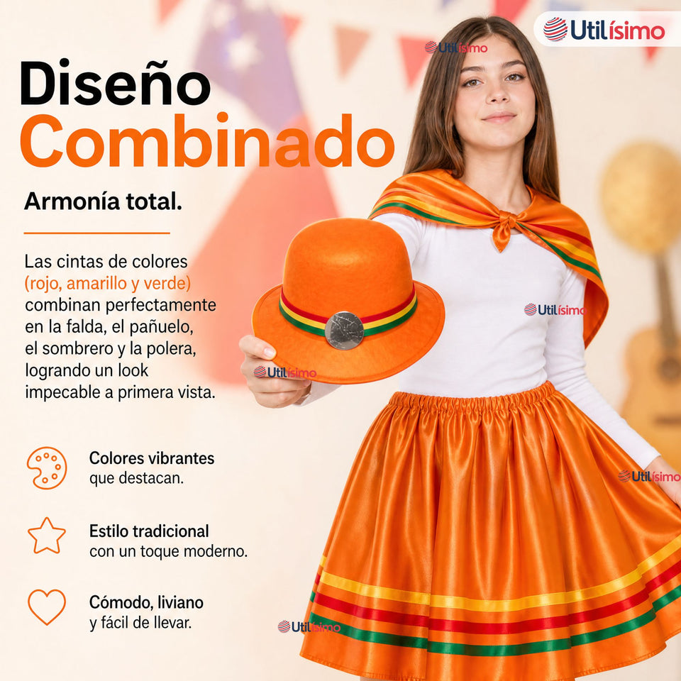 Traje Nortino Juvenil Con Polera 4 Piezas Naranja Baile Típico Fiestas Patrias