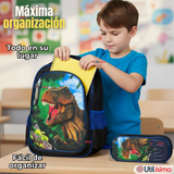 Mochila Escolar Con Ruedas + Estuche + Lonchera Poliéster Dinosaurio Niño