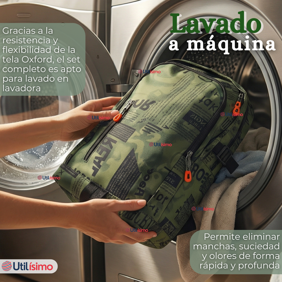 Mochila Escolar + Estuche + Lonchera 49cm Tela Oxford Verde Militar Niño