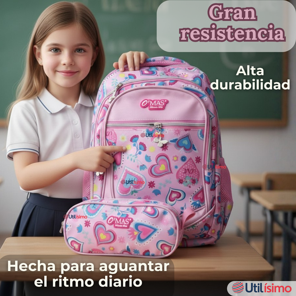 Mochila Escolar Con Estuche 36cm Tela Oxford Impermeable Niña