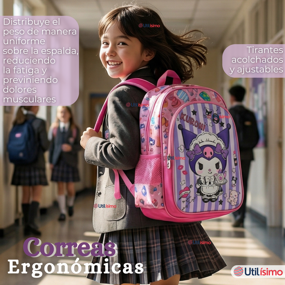 Mochila Escolar Kuromi 3D Con Ruedas Desmontable + Estuche + Lonchera Poliéster Morado Niña