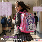 Mochila Escolar Kuromi 3D Con Ruedas Desmontable + Estuche + Lonchera Poliéster Morado Niña