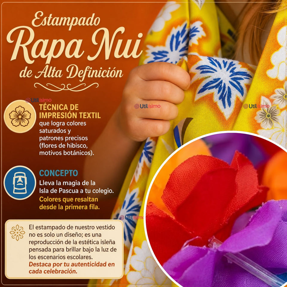 Traje Páscuense Pareo Hawaiano Amarillo Niña Con Accesorios