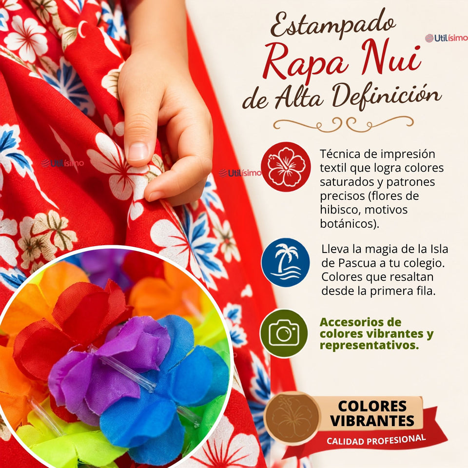 Traje Pareo Pascuense Hawaiano Rojo con Collar Niña Fiestas Patrias