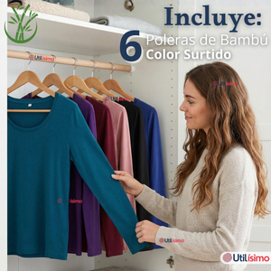 Pack 6 Camisetas Poleras Bambú Primera Capa Manga Larga Colores Surtidos Mujer