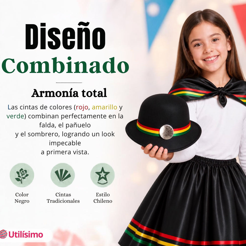 Traje Nortino Niña Negro 4 Piezas Con Polera Baile Típico Fiestas Patrias