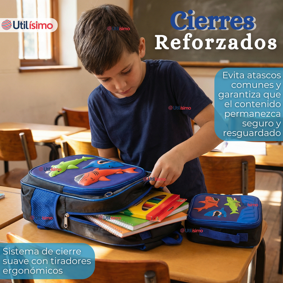 Mochila Escolar Con Ruedas + Estuche + Lonchera 46cm Desmontable Poliéster Azul Tiburón Niño