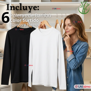 Pack 6 Camisetas Poleras Bambú Primera Capa Manga Larga Blanco Negro Mujer