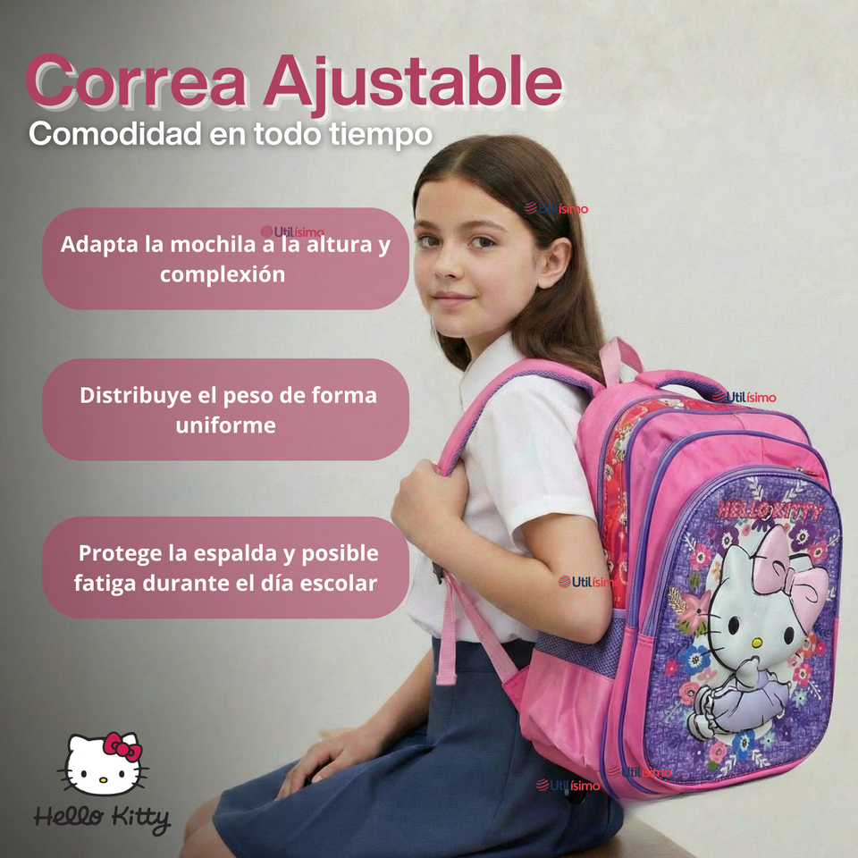 Mochila Escolar Hello Kitty Con Ruedas Desmontables + Estuche + Lonchera Niña Poliéster