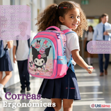 Mochila Escolar Kuromi 3D Con Ruedas Desmontable + Estuche + Lonchera Poliéster Rosa Niña