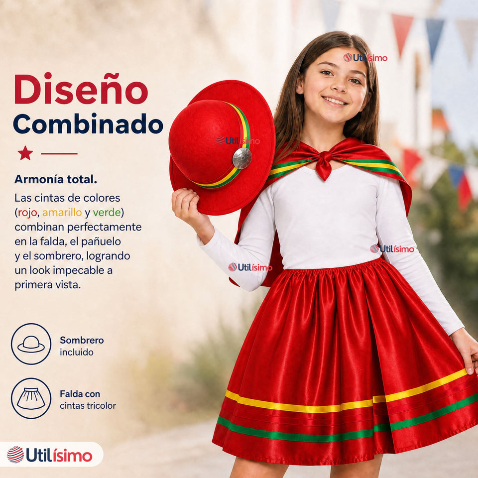 Pack 3 Trajes Nortinos Niña Rojo 4 Piezas Con Poleras Baile Típico Fiestas Patrias