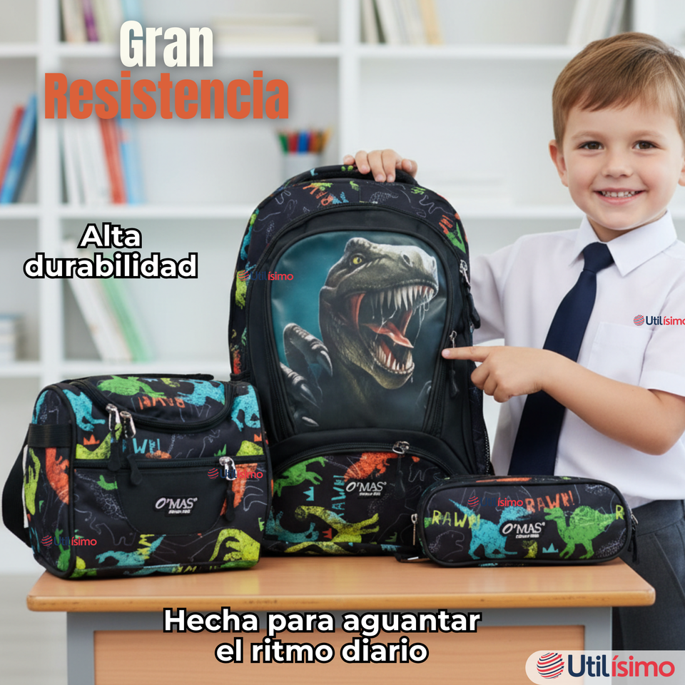 Mochila Escolar Kit Con Estuche y Lonchera 43cm Tela Oxford Dino Niño