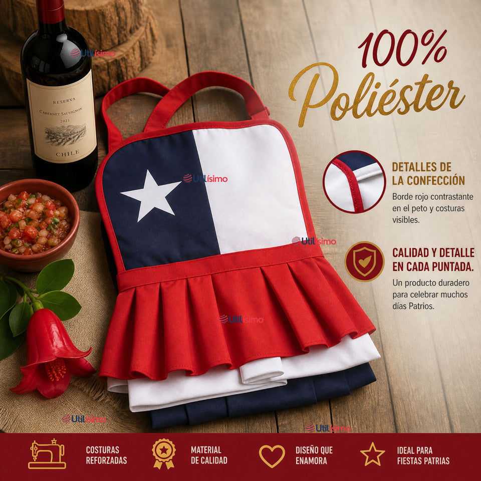 Pack 3 Delantales Diseño Tricolor Con Vuelos Mujer Fiestas Patria