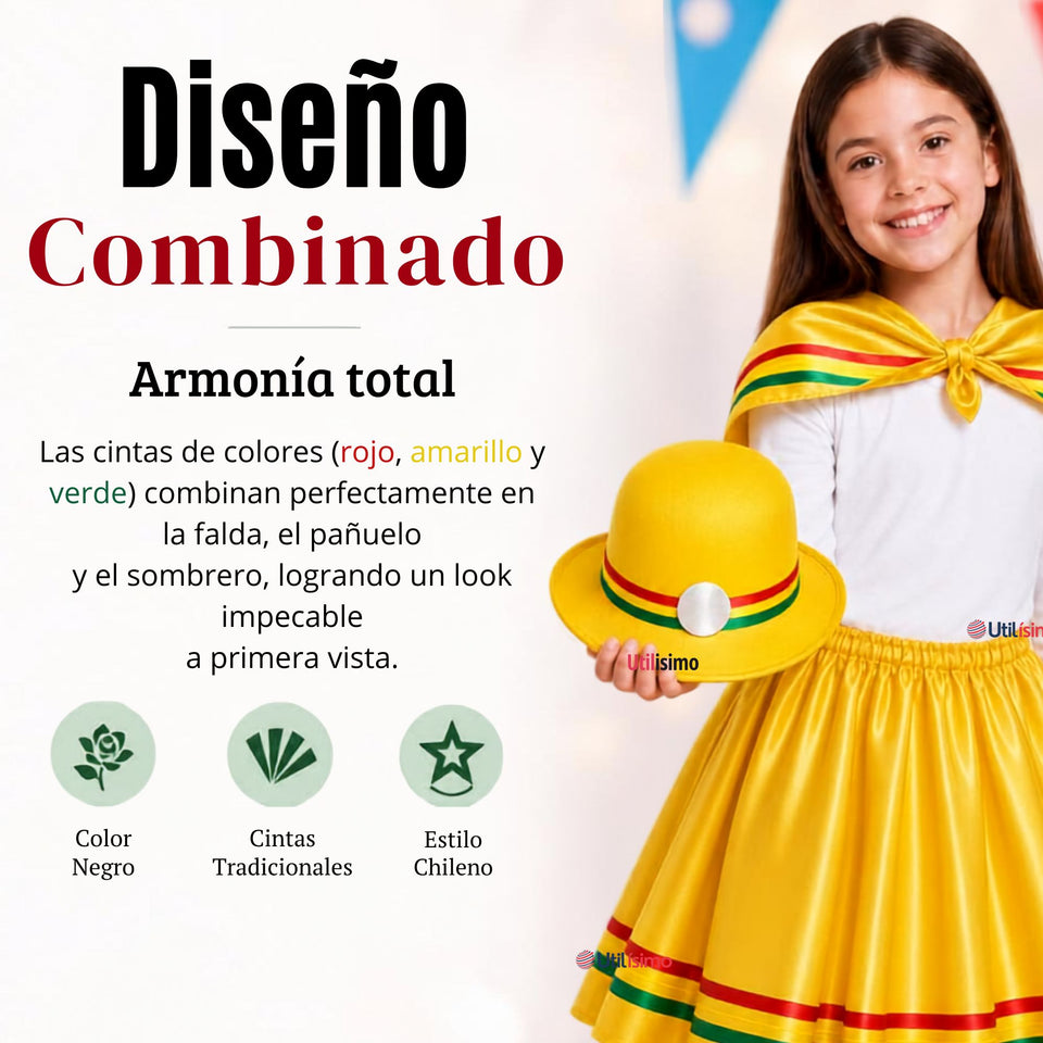 Traje Nortino Niña Amarillo 4 Piezas Con Polera Baile Típico Fiestas Patrias
