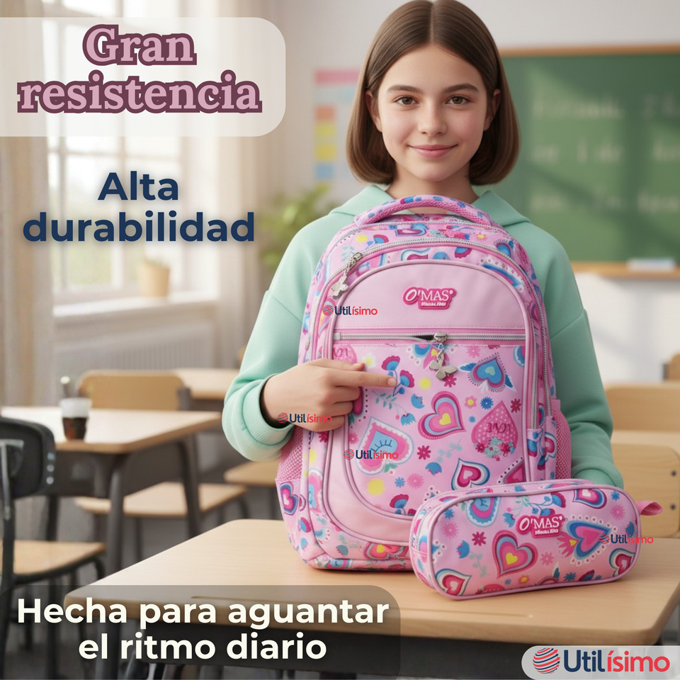 Mochila Escolar Con Estuche 43cm Tela Oxford Impermeable Niña