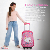 Mochila Escolar Hello Kitty Teddy Con Ruedas Desmontables + Estuche + Lonchera Niña Poliéster