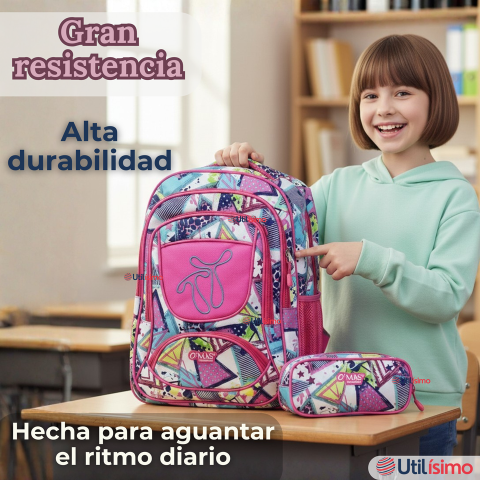 Mochila Escolar Con Estuche 43cm Tela Oxford Impermeable Niña
