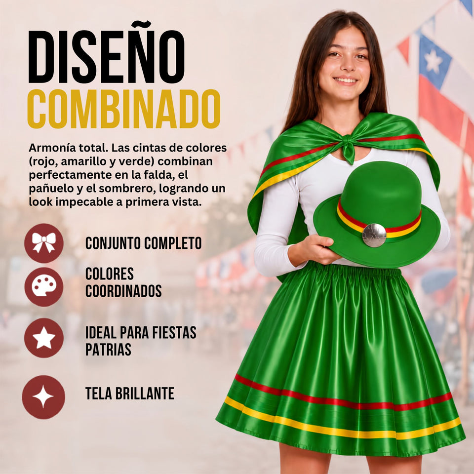 Traje Nortino Juvenil Con Polera 4 Piezas Verde Baile Típico Fiestas Patrias