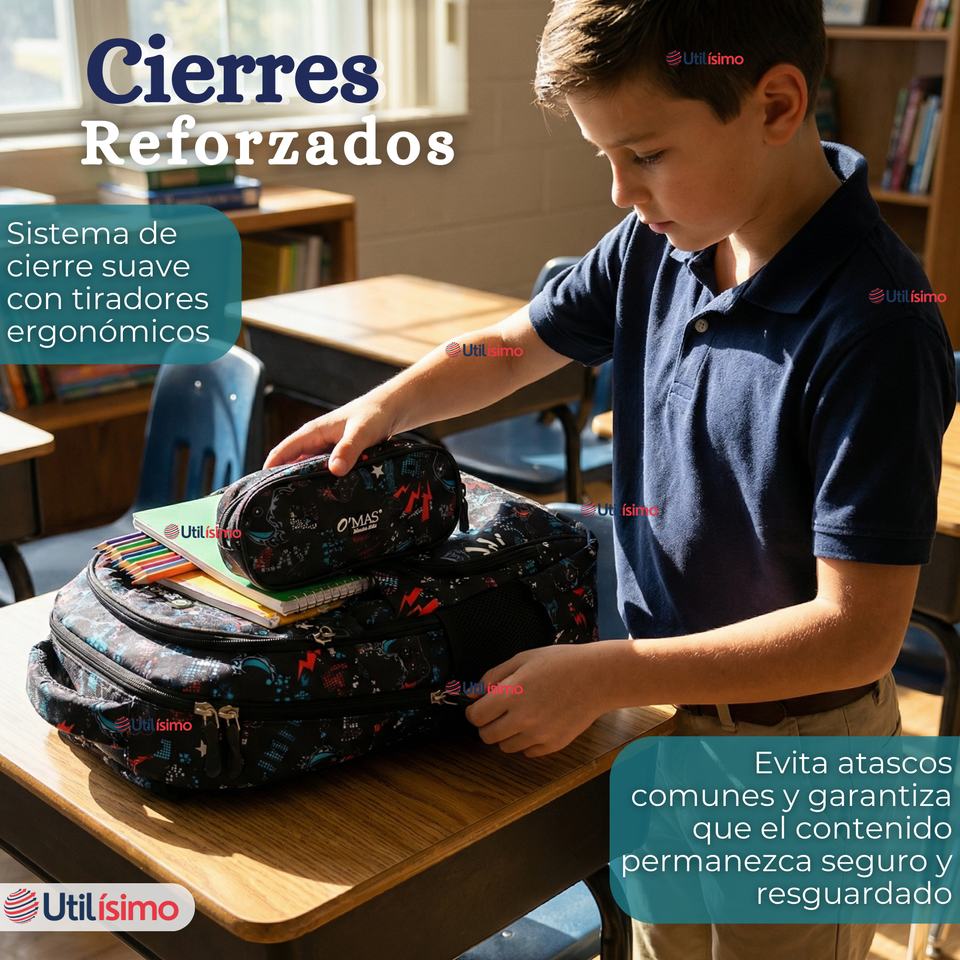 Mochila Escolar + Estuche + Lonchera 45cm Tela Oxford Estampado Gamer Niño