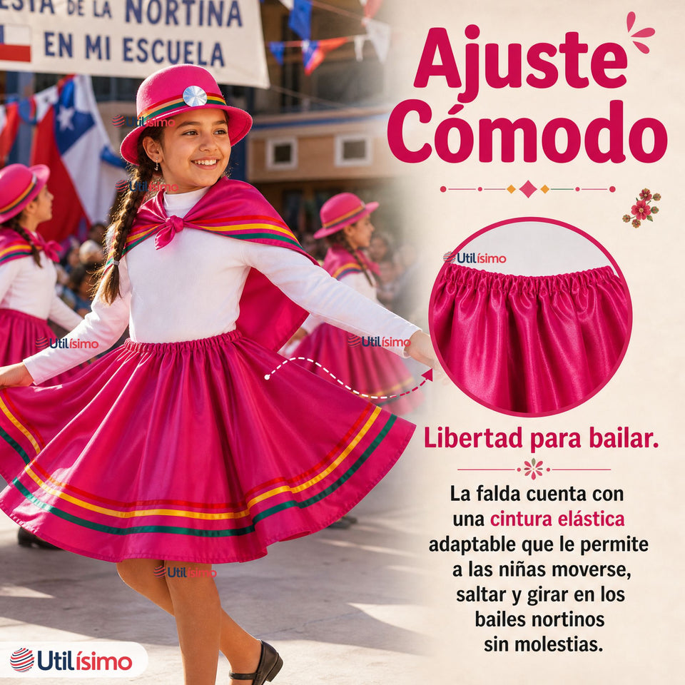 Pack 3 Trajes Nortinos Niña 3 piezas Fucsia Baile Típico Fiestas Patrias
