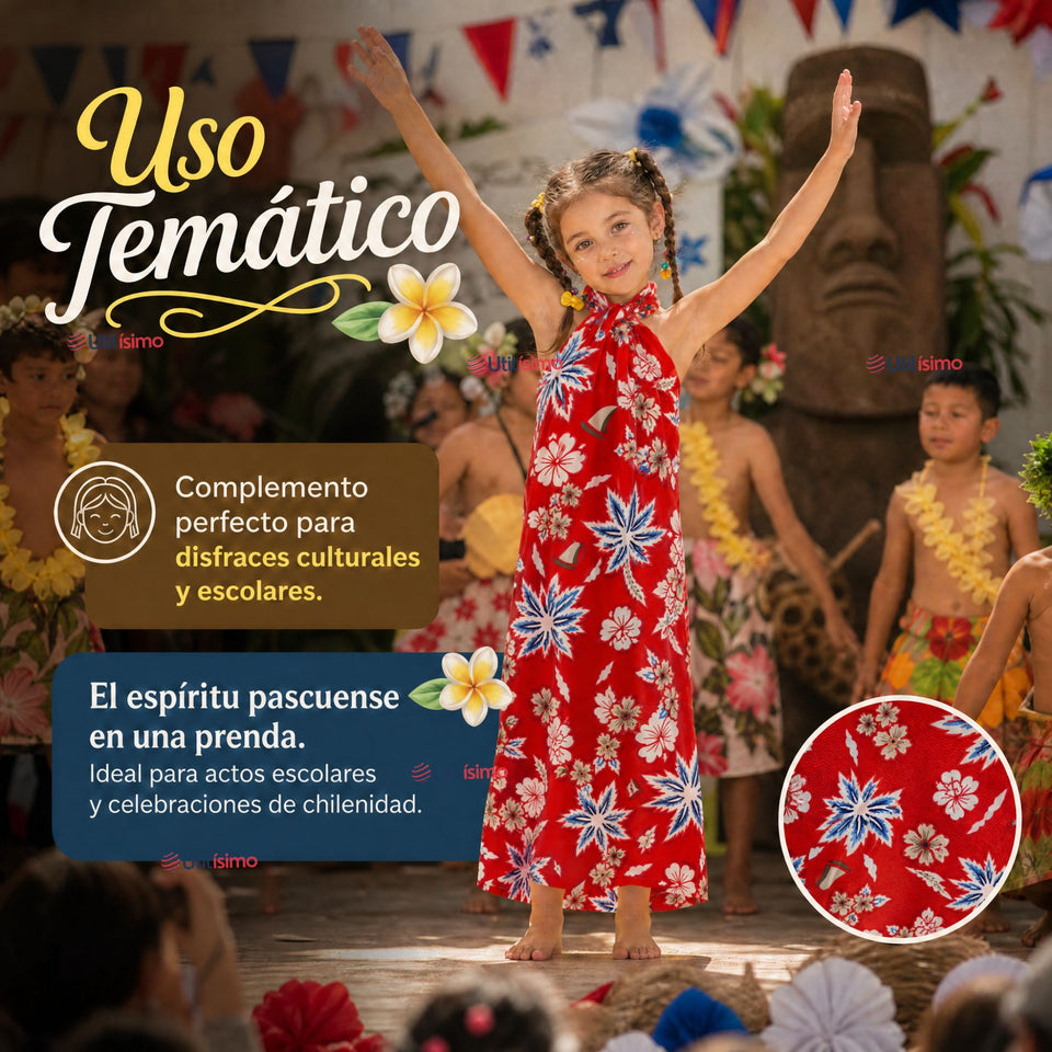 Pareo Pascuense Niña Hawaiano Rojo Danza Fiestas Patrias