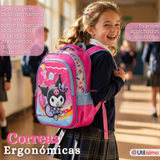 Mochila Escolar Kuromi 3D Con Ruedas Desmontable + Estuche + Lonchera Poliéster Rosa Niña