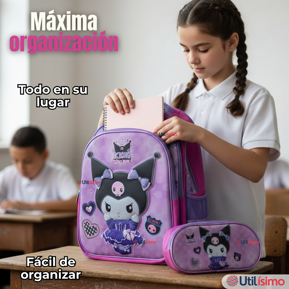 Mochila Kuromi Escolar Con Ruedas + Estuche + Lonchera Desmontable Poliéster Lila Niña