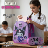 Mochila Kuromi Escolar Con Ruedas + Estuche + Lonchera Desmontable Poliéster Lila Niña